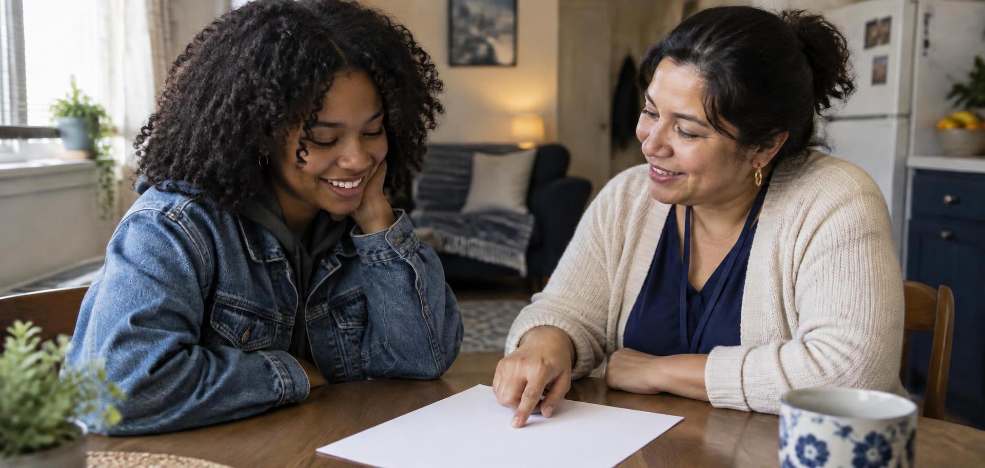A young woman and a caseworker looking over a printed sheet of questions together at a kitchen table
