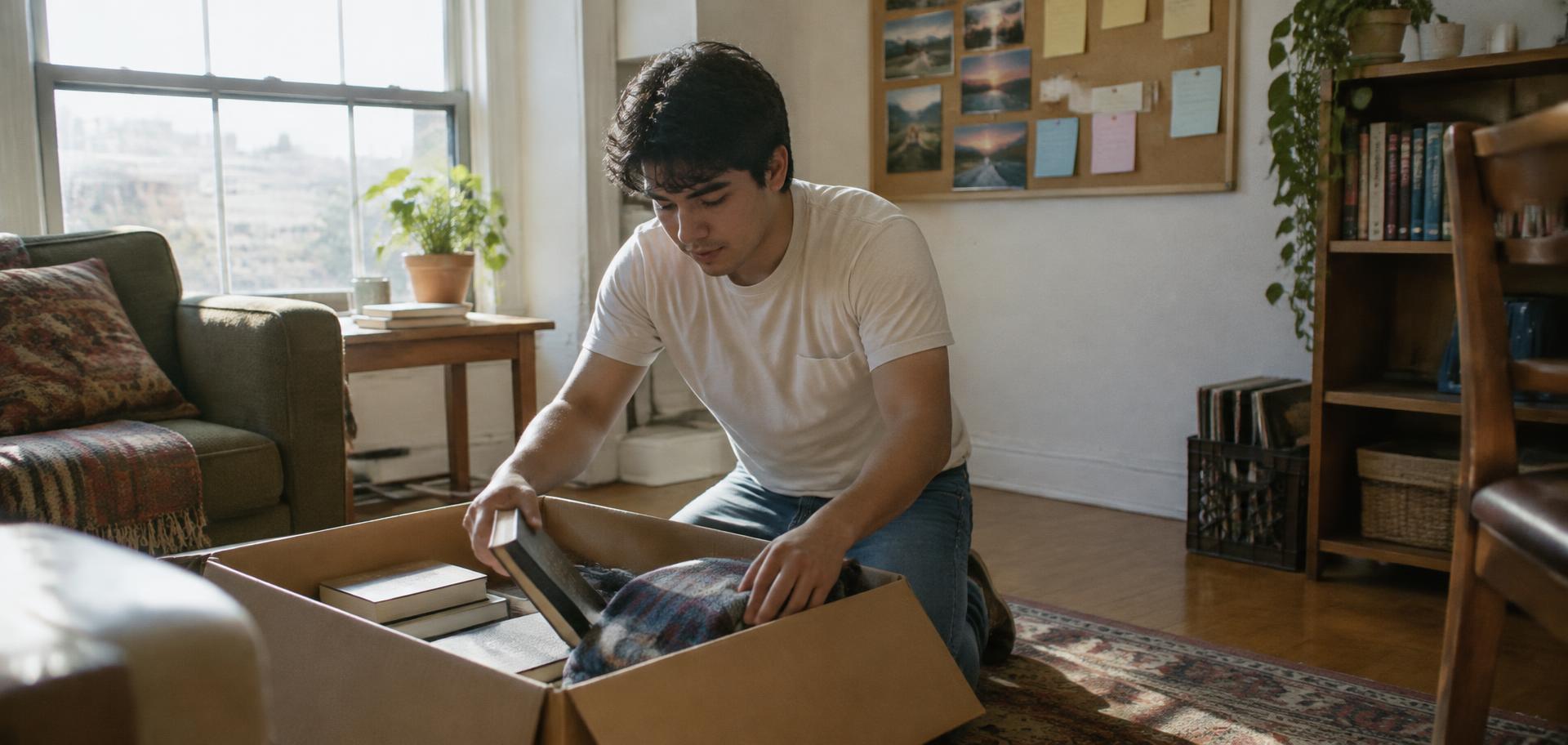 Illustration of a bright, welcoming apartment with moving boxes and a young person arranging books and a goal board