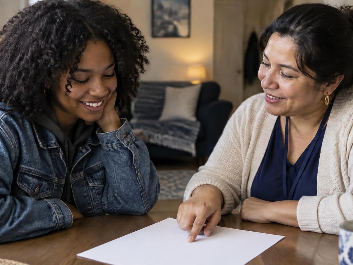 A young woman and a caseworker looking over a printed sheet of questions together at a kitchen table
