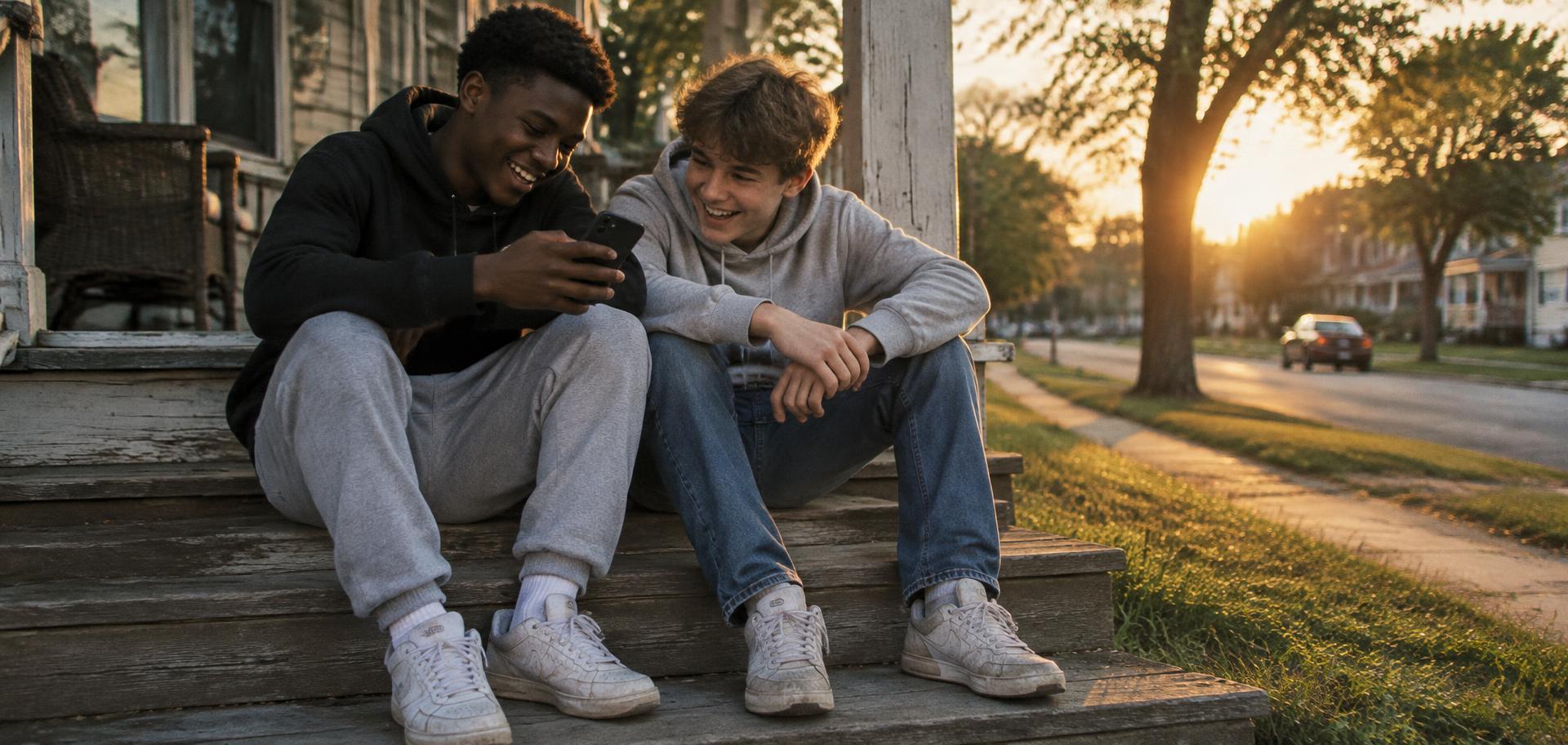 Two friends sitting together on a porch step, one showing the other something on a phone