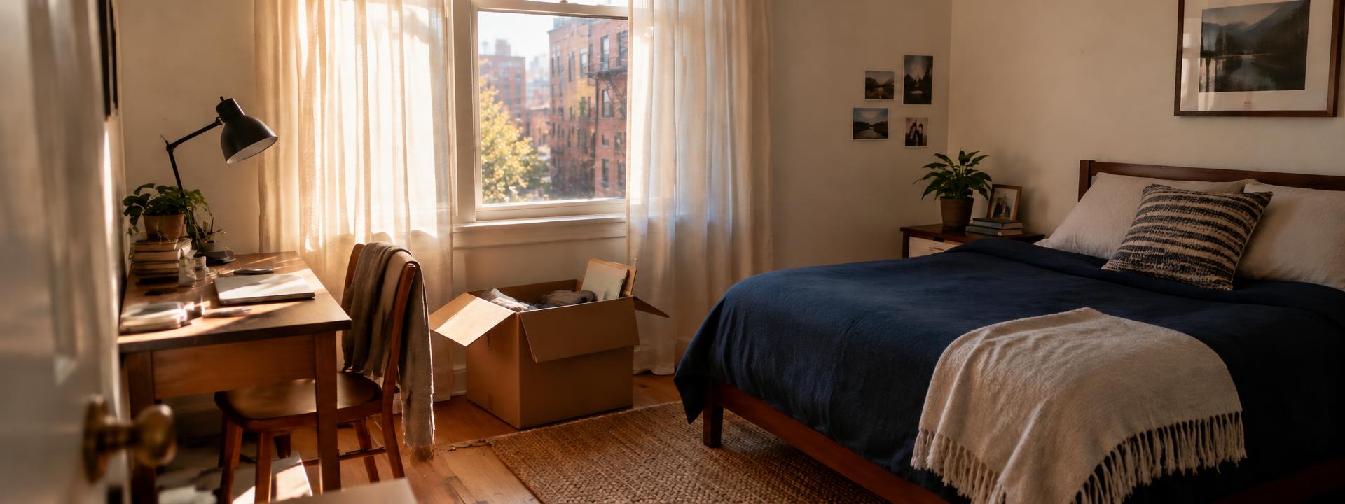 A sunny apartment bedroom with a made bed, a desk and a moving box